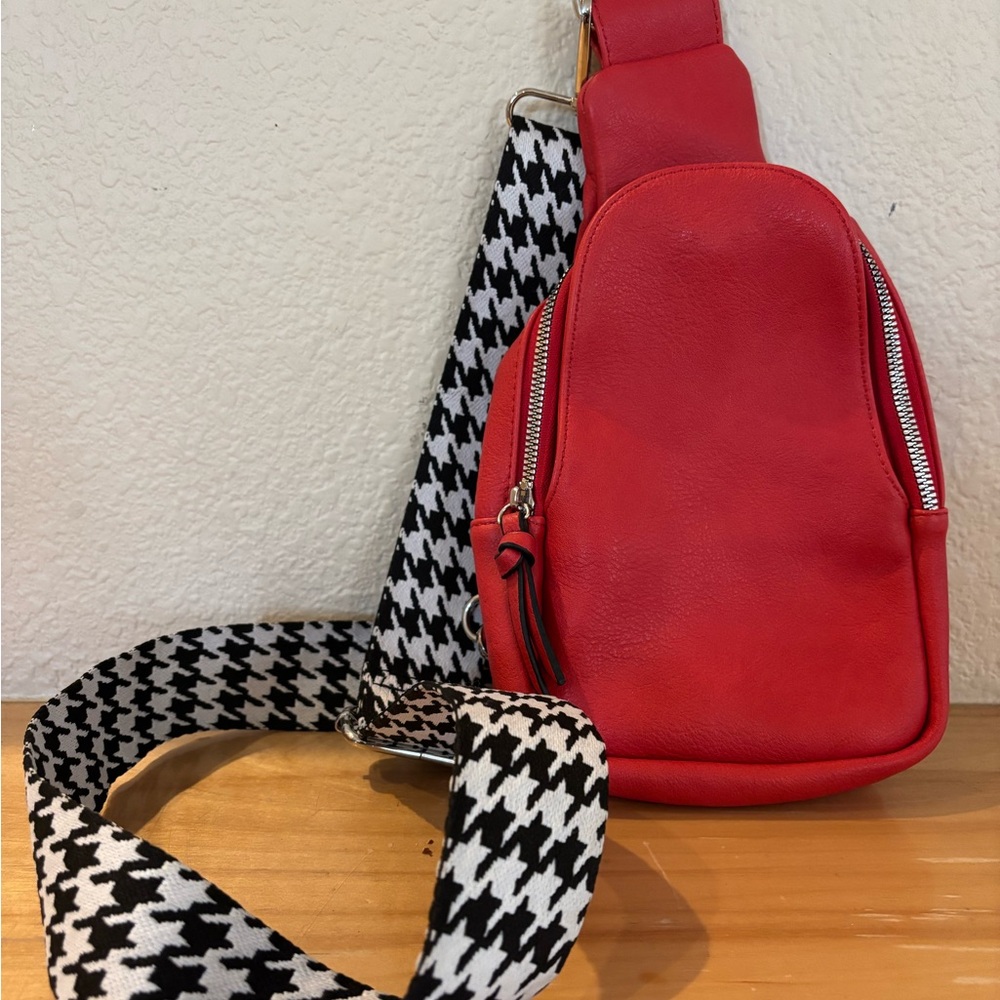 Coco + Carmen Red Crossbody Bag with Houndstooth Detail